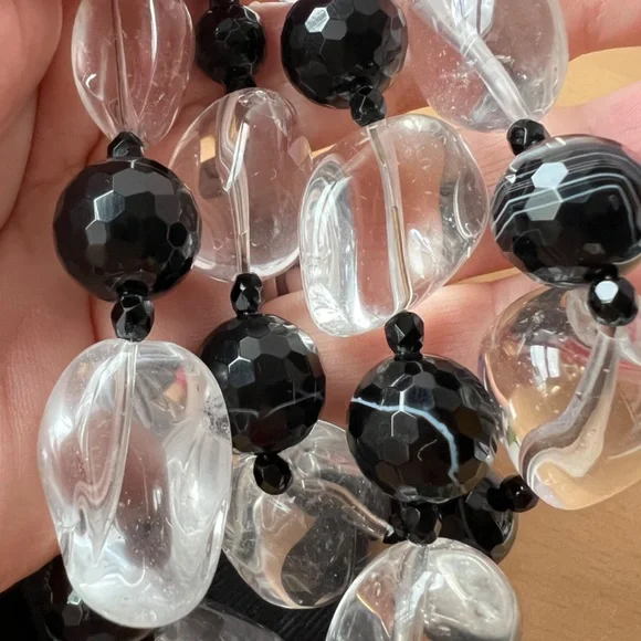 HUGE VINTAGE ROCK CRYSTAL & BANDED AGATE FACETED BEADS LONG CUSTOM MADE NECKLACE